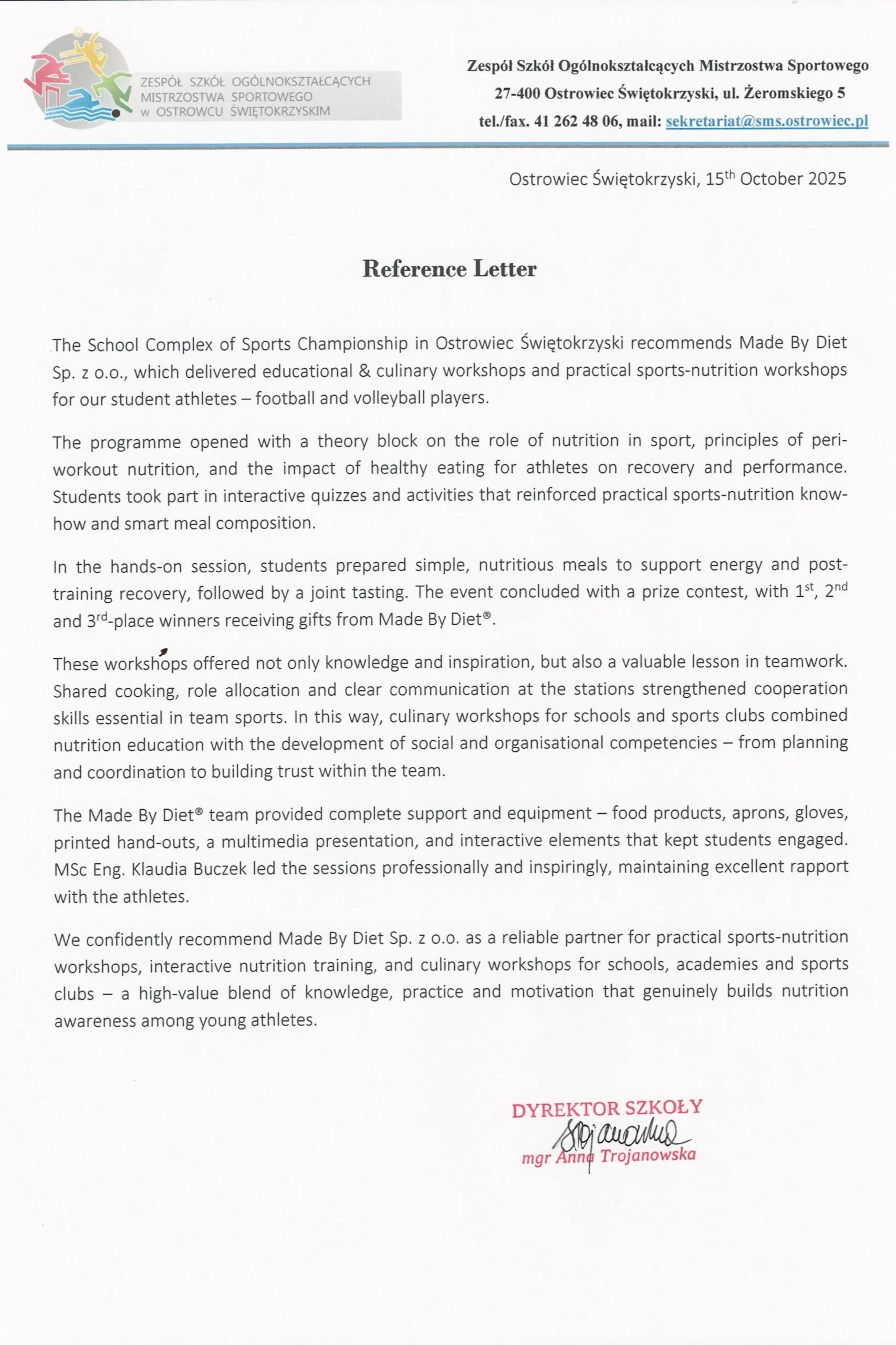 Reference letter from the Sports Championship School in Ostrowiec Świętokrzyski for Made By Diet for conducting nutrition and culinary workshops for young athletes.
