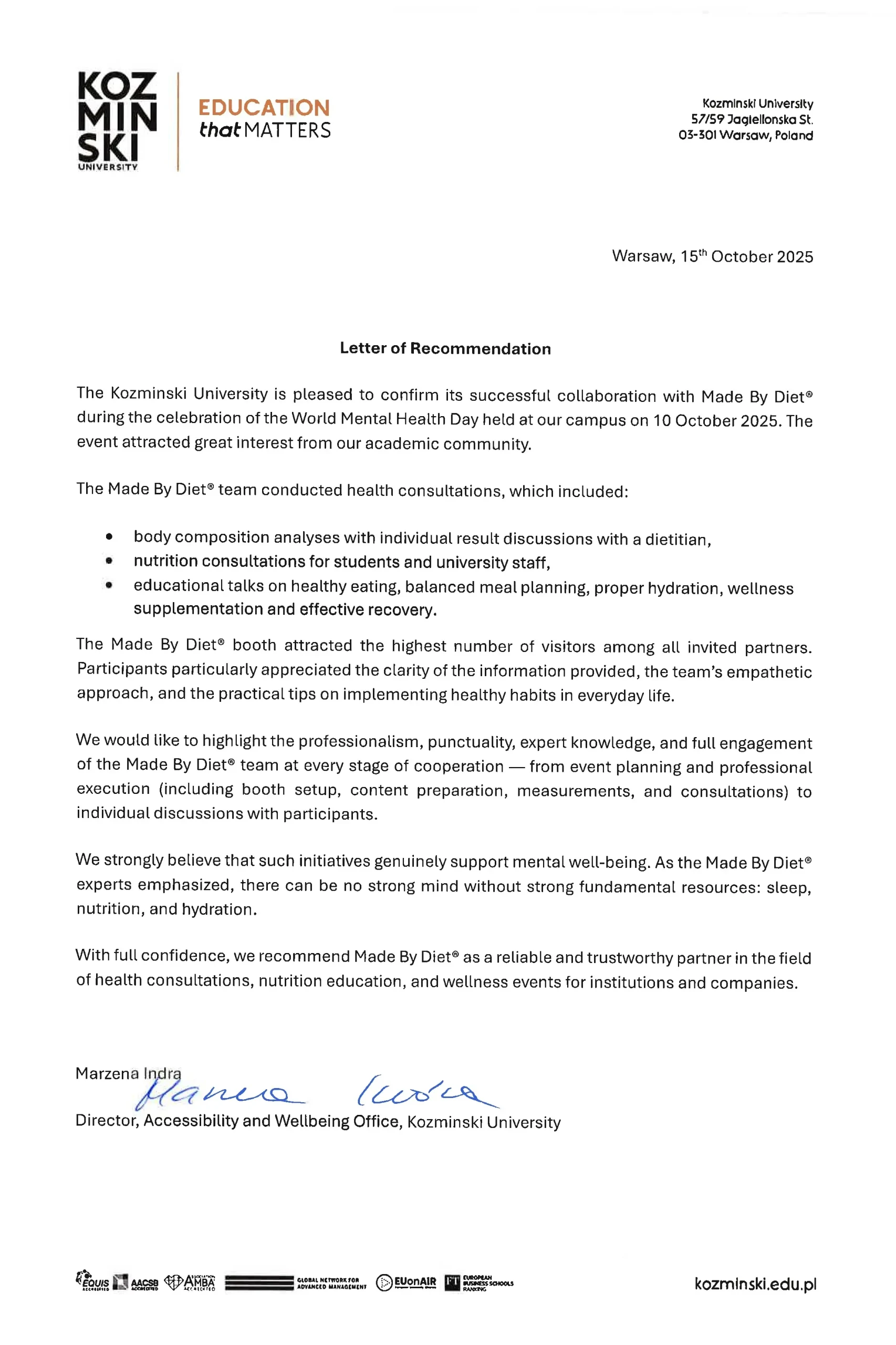 Reference letter from Kozminski University confirming cooperation with Made By Diet during World Mental Health Day – health consultations and nutrition education.