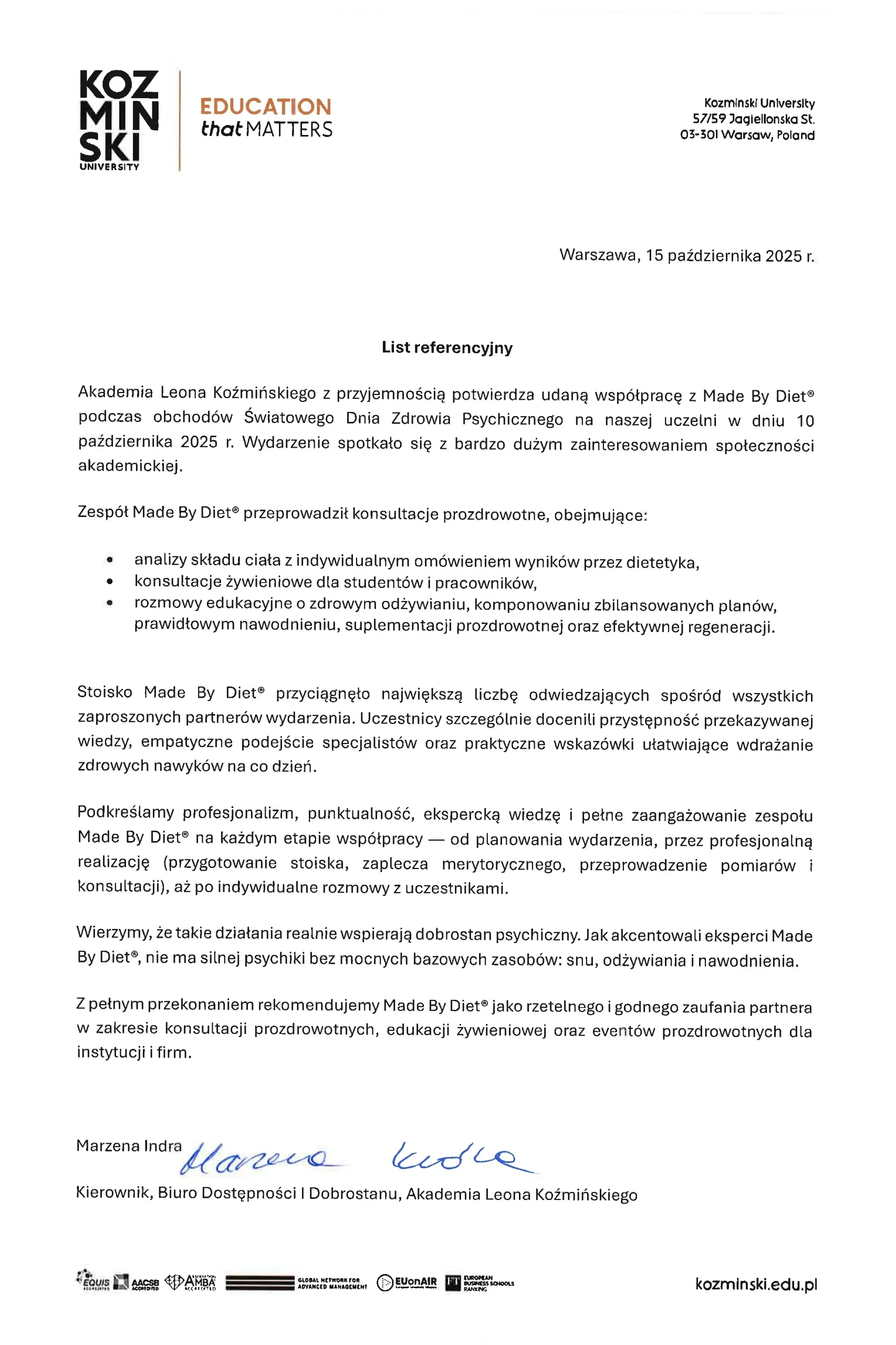 List referencyjny od Akademii Leona Koźmińskiego potwierdzający współpracę z Made By Diet podczas Światowego Dnia Zdrowia Psychicznego – konsultacje prozdrowotne i edukacja żywieniowa.